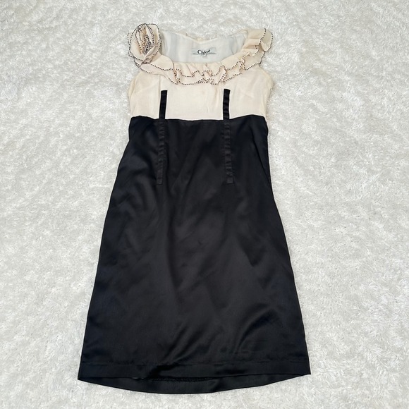 Chloe S Small Cream Black 100% Silk Beaded Cocktail Dress 2000's Y2K Vintage - Picture 1 of 16
